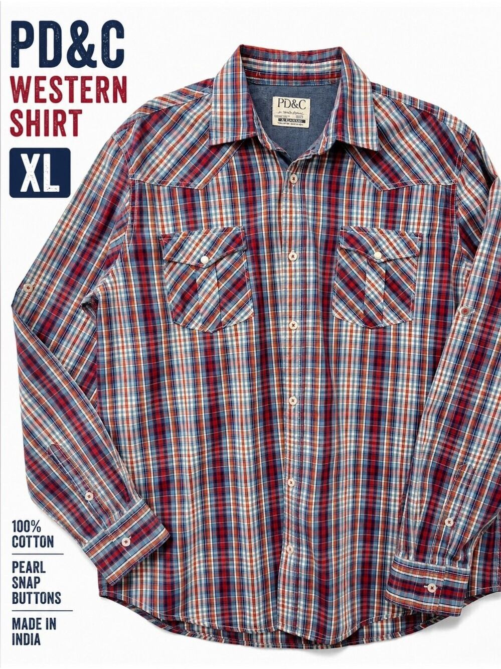 PD&C Western Plaid Pearl Snap Shirt Men’s XL Red Blue Cowboy Ranch Rodeo